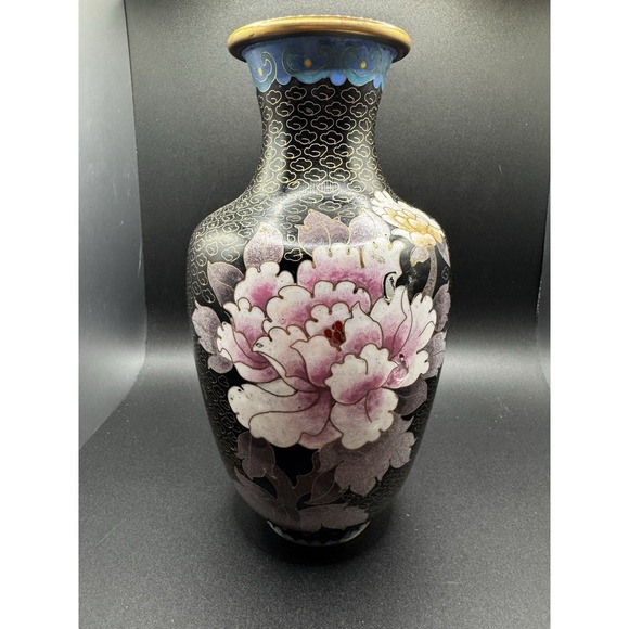 Other - Vintage Brass And Cloisonne Vase China - 8" Flowers Butterfly - Pink & Yellow